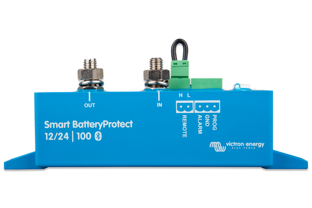 Blue electronic device labeled 'Smart BatteryProtect' by Victron Energy on a white background