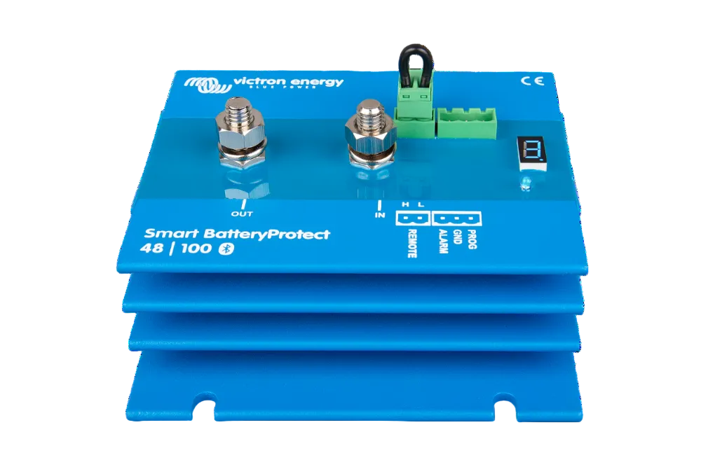 Blue Victron Energy battery protector with visible branding on a white background