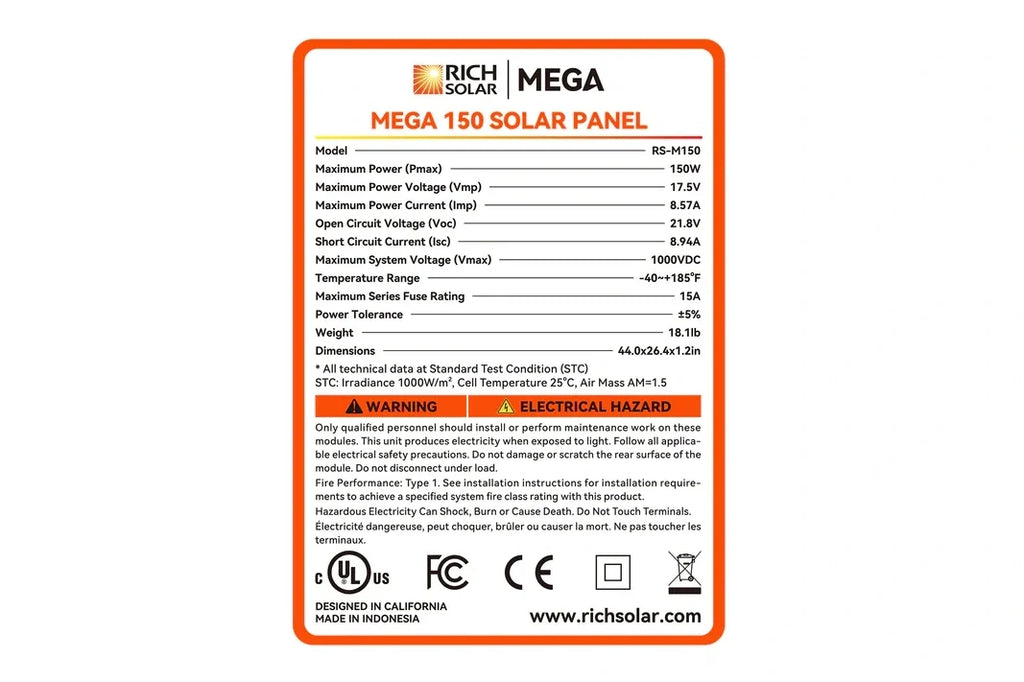 Rich MEGA 150 Watt 12v Solar Panel