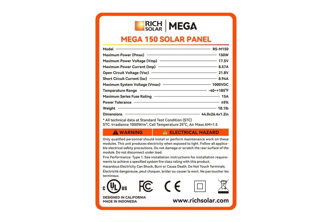 Rich MEGA 150 Watt 12v Solar Panel