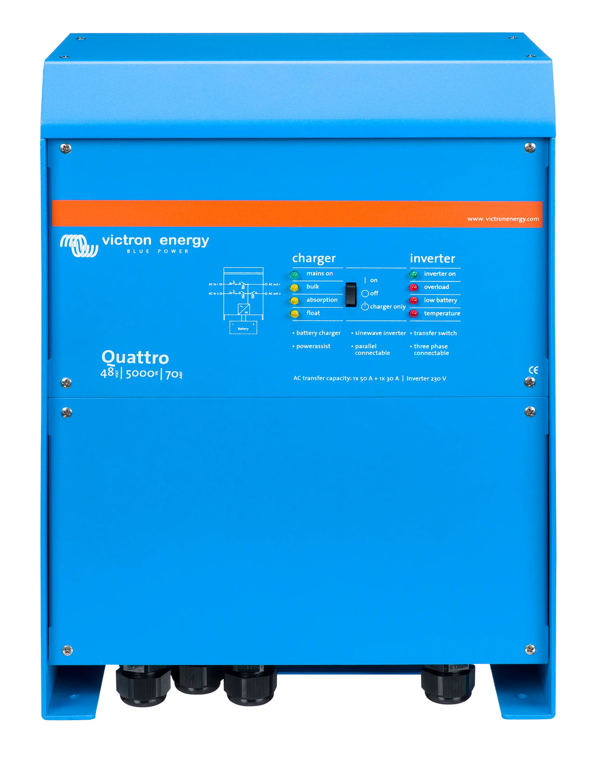 Blue Victron Energy Quattro 48/3500/1600 power station on a white background