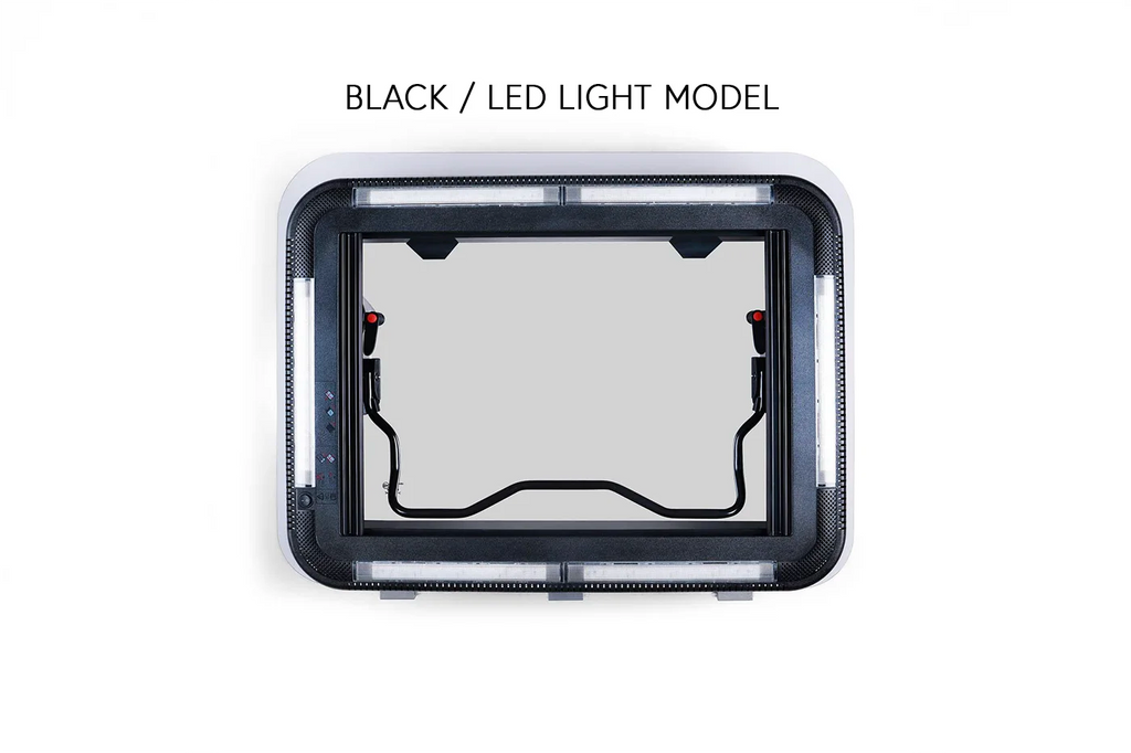 A top-down view of a NomadicArk 700 x 500mm hatch shown with the text 'BLACK / LED LIGHT MODEL' above it.