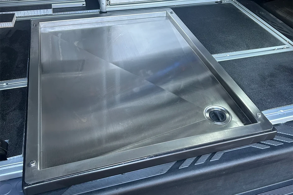 Tetravan stainless steel in-floor shower pan for camper vans bottom right drain 
