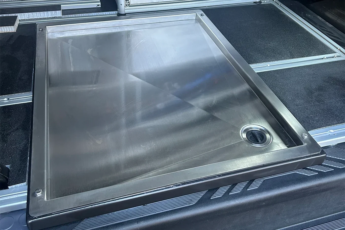 Tetravan stainless steel in-floor shower pan for camper vans bottom right drain 