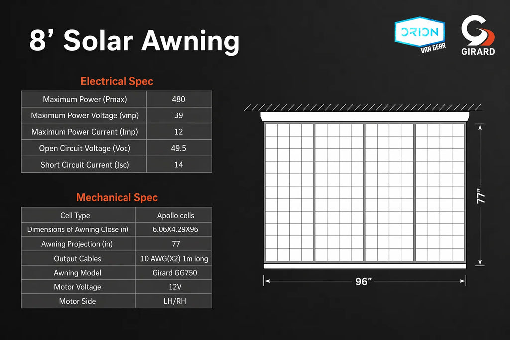 8' Solar Awning specifications with Orion Van Canopy branding on a black background