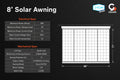 8' Solar Awning specifications with Orion Van Canopy branding on a black background