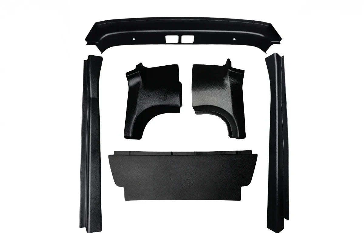 Alt text: Ford Transit High Roof full interior trim kit, all parts laid out on white background - black