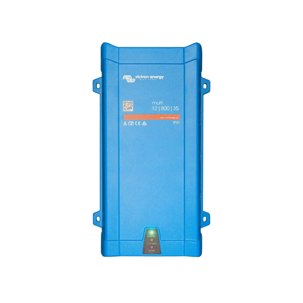 Blue Victron Energy power converter on a white background