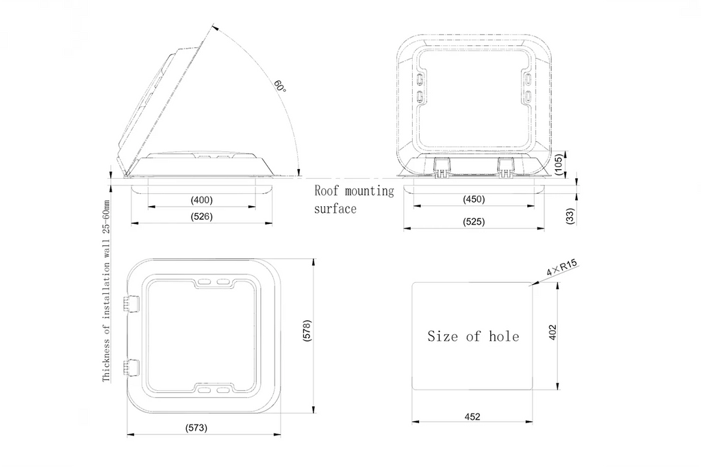 NomadicArk 450 x 400 Van and RV Skylight Roof Hatch with LED Lights, Blind, and Bug Screen