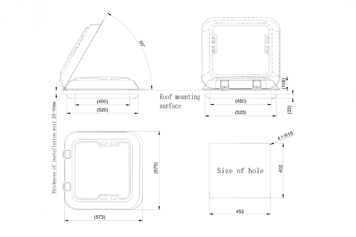NomadicArk 450 x 400 Van and RV Skylight Roof Hatch with LED Lights, Blind, and Bug Screen