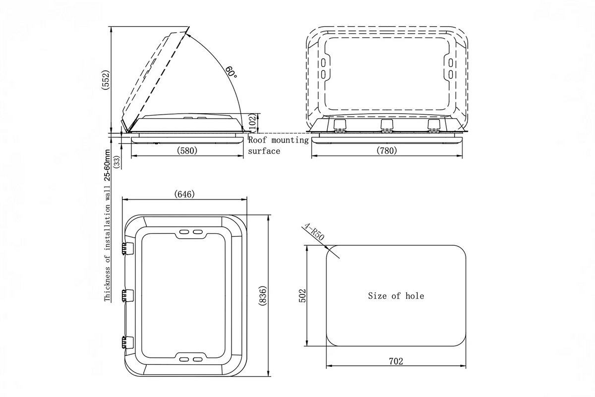 NomadicArk 700 x 500 Van and RV Skylight Roof Hatch with Blind and Bug Screen