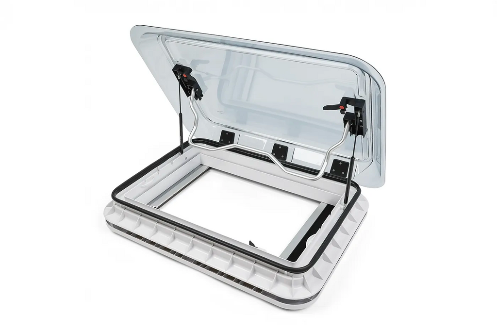 NomadicArk 700 x 500mm van and RV skylight roof hatch shown open on a white background with white interior 