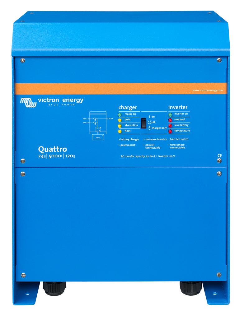 Blue Victron Energy Quattro power station on a white background