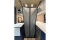 Tetravan in-floor shower pan with optional magnetic shower curtain