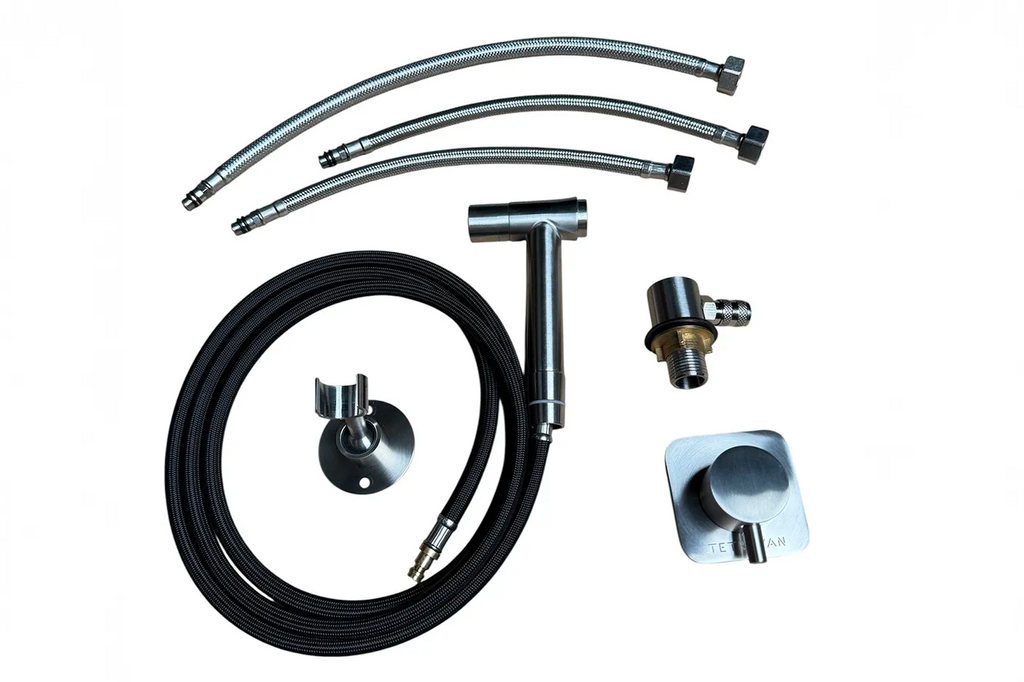 Set of plumbing components including hoses and connectors on a white background for van