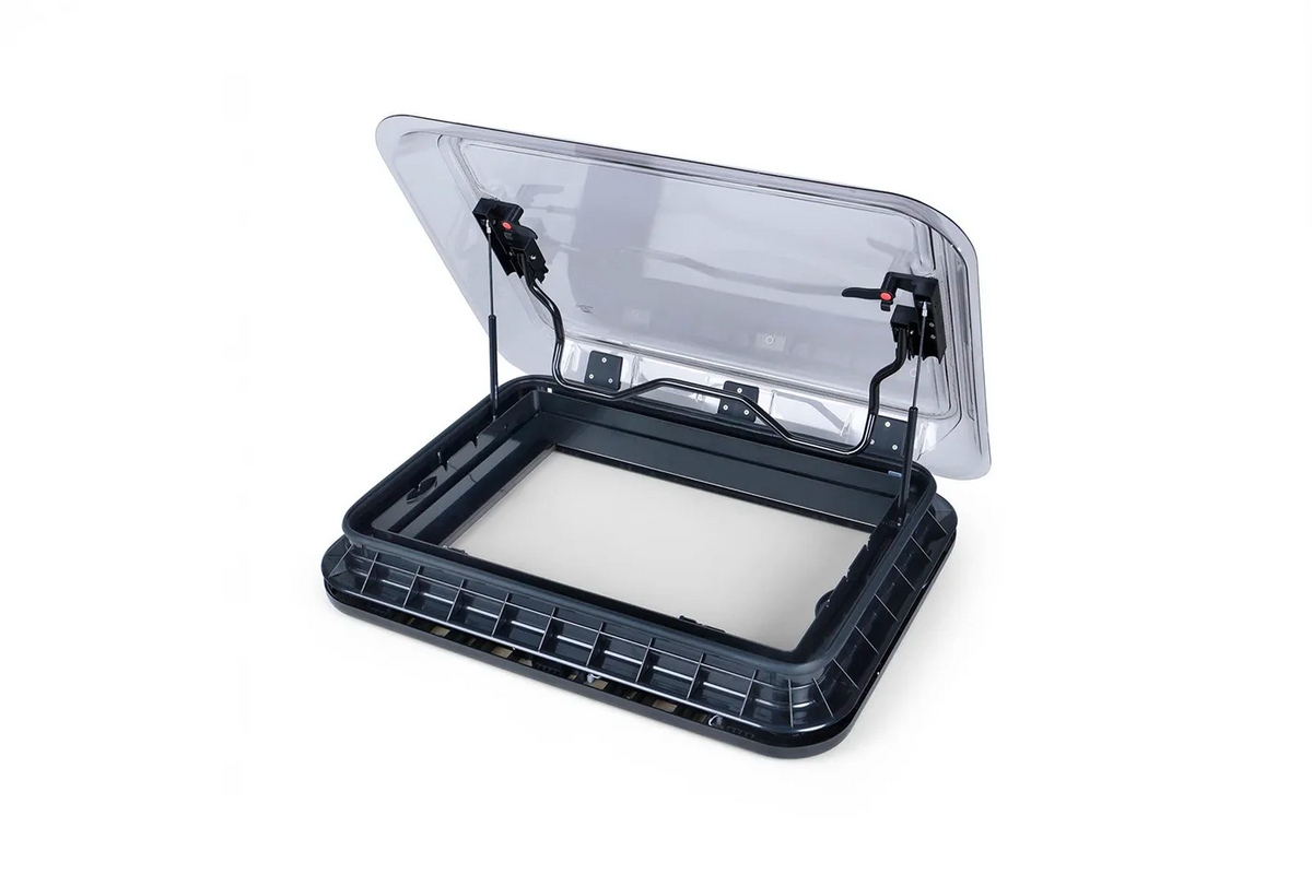 NomadicArk 700 x 500mm black interior van and RV skylight roof hatch shown open on a white background